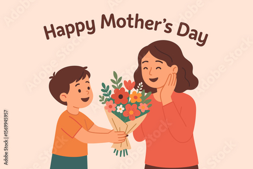 Son gives flowers to his mom on Mother's Day. Cute boy congratulates happy mother with a beautiful bouquet. Loving family celebrating holiday together. Greeting card vector.