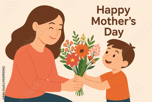 Happy Mother's Day greeting card. Cute son gives flowers to his smiling mother. Child congratulating mom with a beautiful bouquet. Family holiday celebration, love and care.