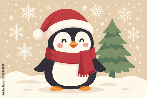 Cute Christmas penguin cartoon character in Santa hat and scarf on a winter holiday background. Festive vector illustration with snow, snowflakes, and a Christmas fir tree.