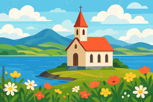 Church on lake shore with mountain landscape. Idyllic chapel on an island in summer scenery with flowers. Rural village building with cross. Religious christianity concept illustration.