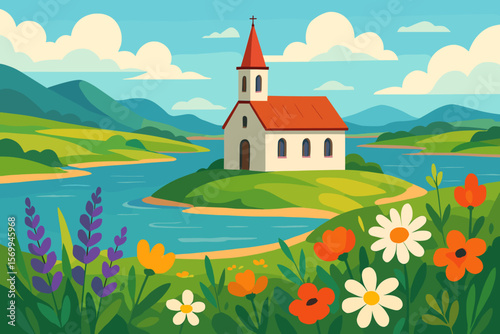 Idyllic landscape with a church on an island in a lake. Beautiful summer scenery with green hills, mountains, wildflowers. Peaceful rural countryside vector illustration.