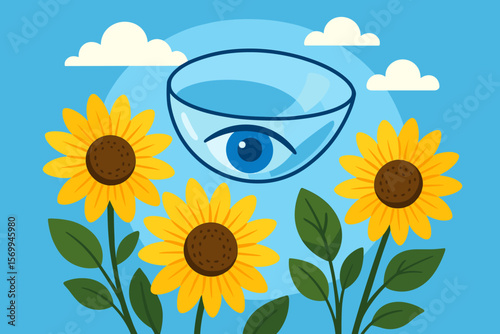 Contact lens with blue eye. Clear vision in summer sunflower field under blue sky. Ophthalmology concept. Health care for sight. Modern flat vector cartoon illustration.