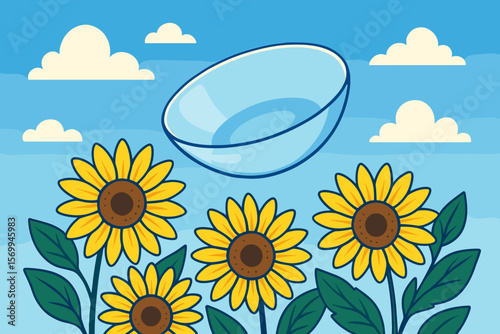 Contact lens for clear vision on a summer day. Sunflowers in field under blue sky. Concept for ophthalmology, optometry, and eye care. Modern flat vector cartoon illustration.