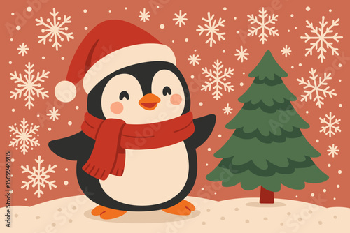Cute penguin in Santa hat and scarf on a winter background. Holiday illustration with snow, snowflakes, fir tree. Festive cartoon character for a greeting card design.