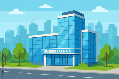 Modern business center building exterior with glass facade. Office or company headquarters on a city street with a downtown skyline. Corporate architecture vector illustration.