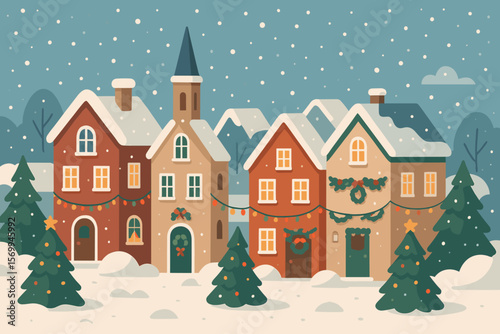 Charming Christmas village decorated for holidays with festive houses, glowing windows, decorated Christmas trees, garlands, snowdrifts, snowy winter scene, holiday spirit