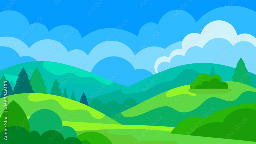 Fototapeta premium Cartoon Landscape of Green Hills and Blue Sky