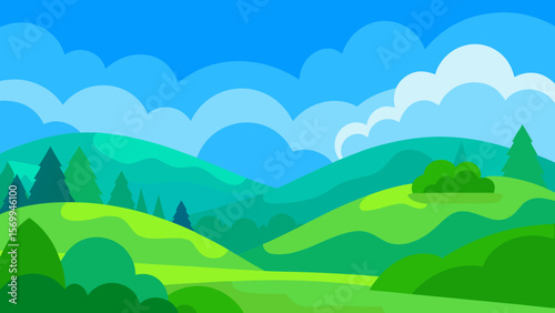 Cartoon Landscape of Green Hills and Blue Sky