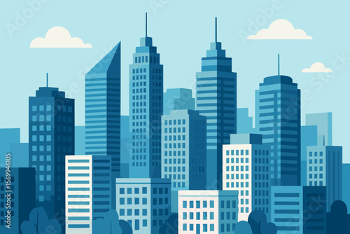 Cityscape with tall skyscrapers and office buildings in a downtown business district. Urban metropolitan panorama with modern architecture. Flat cartoon vector illustration.