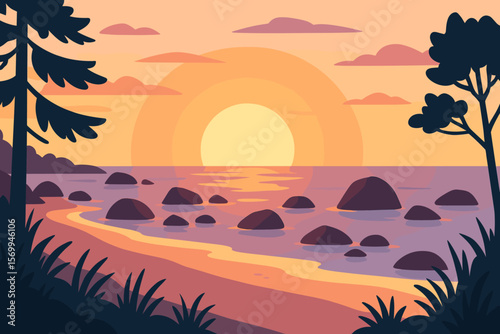 Sunrise over ocean beach. Calm sea sunset landscape with silhouettes of trees, grass and rocky shore. Peaceful nature scenery background. Modern flat vector illustration concept.