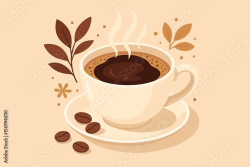 Cup of fresh aromatic coffee with steam and beans. Modern flat design vector illustration. Decorative graphic for cafe, restaurant menu, poster, banner, coffee shop brand.