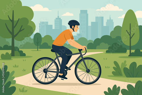 Cyclist man riding bicycle in city park with cityscape background. Healthy active lifestyle, eco friendly transport concept. Outdoor summer sport activity, recreation on a bike path.