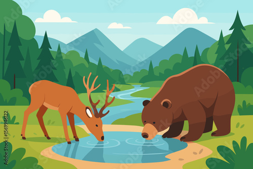 Deer and bear drinking at watering hole. Wild animals in forest landscape with mountains and river. Modern flat vector cartoon illustration. Wildlife nature scene concept.