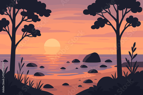 Scenic beach sunset landscape with tree silhouettes. Rocky shore with stones in calm ocean water. Modern flat vector illustration. Peaceful, tranquil nature background concept.
