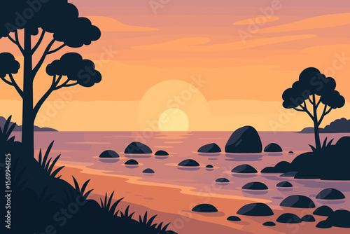Beach landscape at sunset or sunrise. Calm sea with stones and tree silhouettes on the shore. Serene nature scenery vector illustration. Tranquil background for travel or vacation.