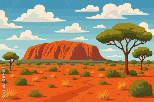 Vector illustration of Uluru, Ayers Rock, in the Australian outback. Famous landmark in Australia. Red Centre desert landscape with sand, trees, shrubs and a cloudy blue sky.