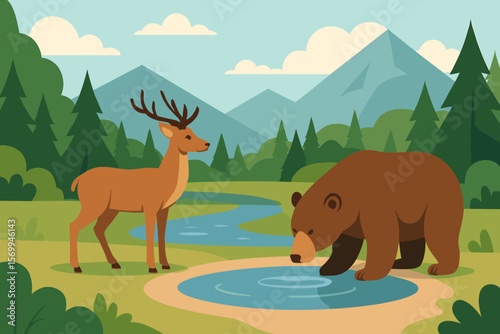 Deer and bear at watering hole in mountain forest landscape. Wild animals in nature. Wildlife scenery with river, pines, and mountains. Modern flat cartoon vector illustration.