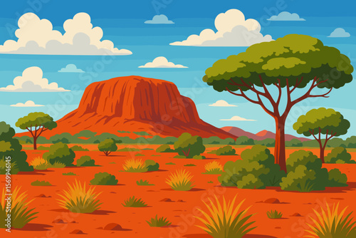 Australian desert landscape cartoon vector illustration. Famous Uluru Ayers Rock in the outback. Scenic nature of central Australia with red sand, acacia trees and blue sky.