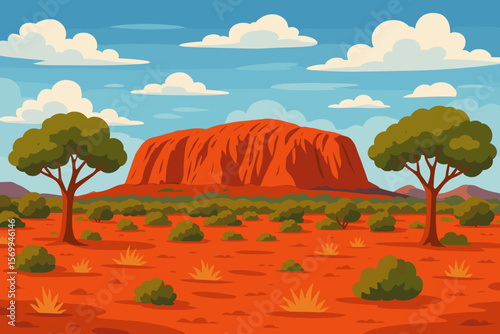 Australian landscape with Uluru Ayers Rock. Vector illustration of the famous outback landmark in the red centre desert. Nature travel tourism scene with trees and blue sky.