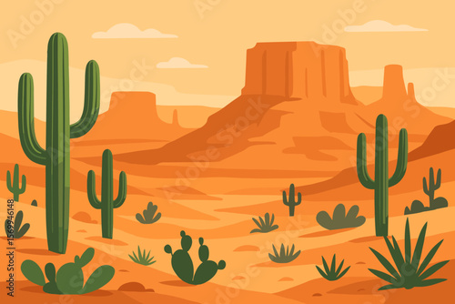 Wild West desert landscape with saguaro cactus and plants. Scenery of Arizona or Utah with mesas and canyon. Hot sunny day background. Modern flat cartoon vector illustration.