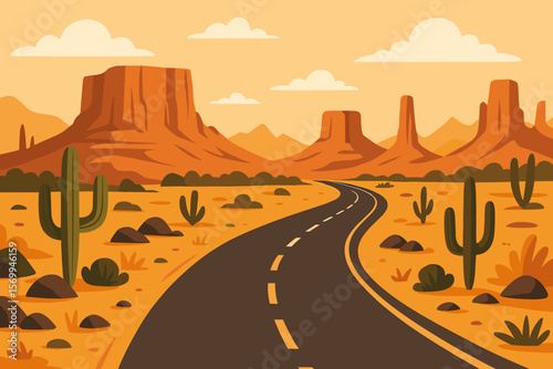 Desert highway road trip through Arizona or Utah. Scenic American West landscape with mesas, buttes, and cactus. Travel and adventure journey concept. Modern flat cartoon illustration.