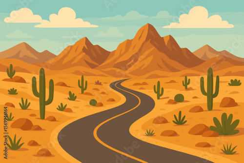 Desert road through mountains and wild nature. Scenic highway in the American West. Travel, journey, adventure concept. Modern flat vector cartoon landscape illustration.