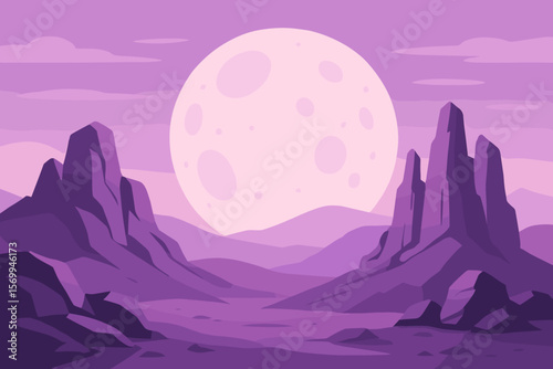 Fantasy alien planet landscape with purple mountains and a big moon. Mysterious desert canyon scenery at night. Sci-fi background in a modern flat vector cartoon illustration style.