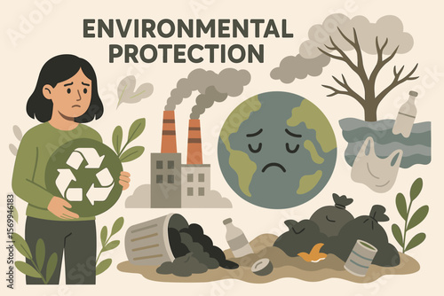 Environmental protection concept with sad woman holding recycle sign. Planet Earth pollution from factory emissions, plastic waste, and garbage. Ecology problem vector illustration.