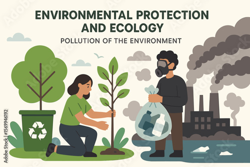 Environmental protection and pollution concept. Woman planting tree in clean nature versus man in gas mask near polluting factory. Ecology, recycling, air and water pollution.