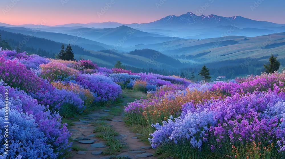 Obraz premium Serene Sunrise in the Flowery Mountains