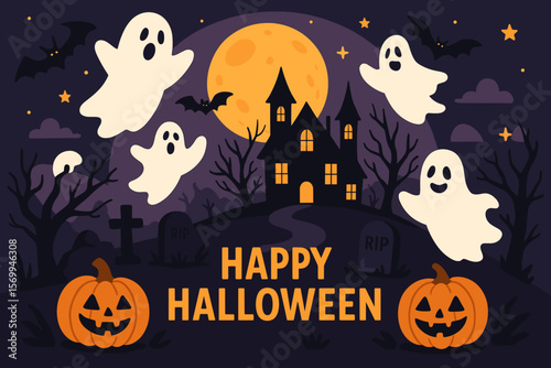 Halloween haunted house night scene with cute ghosts, jack-o’-lantern pumpkins, bats, full moon, graveyard, tombstones, spooky trees, Happy Halloween text, festive poster banner