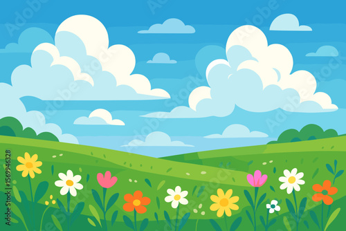 Vibrant spring meadow landscape with colorful wildflowers, rolling green hills, fluffy clouds, and clear blue sky. Modern flat cartoon vector illustration of nature scenery