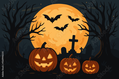 Spooky Halloween Night Vector with Jack O’Lantern Pumpkins, Flying Bats, Full Moon, Haunted Cemetery, Bare Trees, Graveyard Scene, Holiday Poster, Banner Illustration