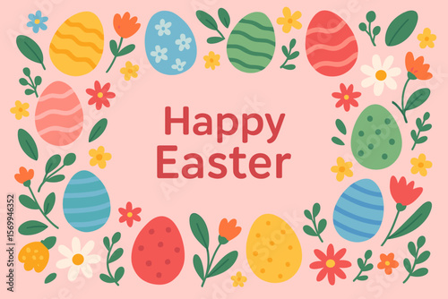 Happy Easter festive frame background with colorful decorated eggs, spring flowers, leaves, pastel pink backdrop, modern flat cartoon vector illustration, holiday greeting card design