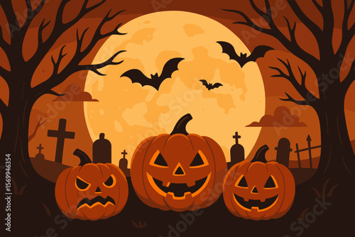 Halloween pumpkins jack-o-lanterns in spooky graveyard with bats, haunted trees, full moon, tombstones. Scary night cemetery landscape. Holiday flyer poster banner vector