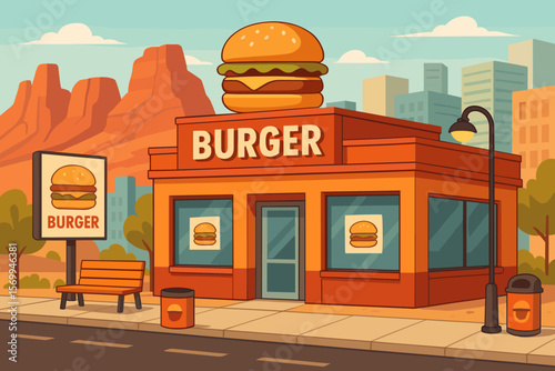 Fast food burger restaurant with giant burger sign on city street, red sandstone mountains, urban landscape, modern burger cafe exterior, roadside eatery, hot climate