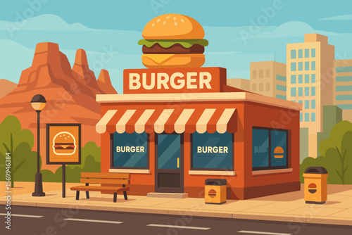 Fast food burger restaurant building on city street with red sandstone mountains, outdoor seating, signage, modern urban landscape, hot climate, burger cafe exterior