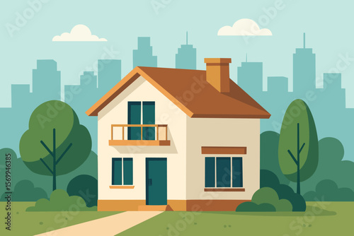 Modern suburban house with trees, green lawn, and city skyline background. Contemporary residential building, urban landscape, real estate, home exterior vector illustration