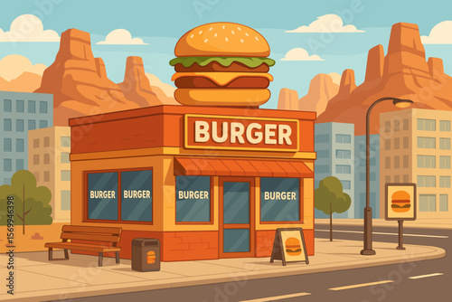 Fast food burger restaurant building in modern city street with red sandstone mountains, hot climate, urban burger cafe exterior, roadside diner, outdoor seating, advertising