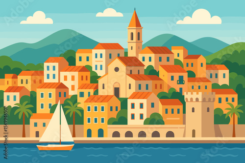 Mediterranean city vector landscape illustration, vibrant tourist coastal town, modern flat style, colorful cartoon seaside view, sunny travel destination, urban sea harbor