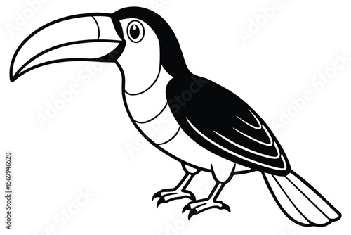 Stylized Black and White Cartoon Toucan with Large Beak Illustration, Vector Drawing
