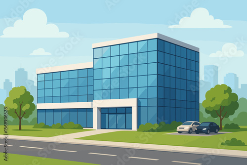Modern glass commercial building with offices, shopping center, green lawn, trees, parking lot, road, and city skyline background, urban architecture, business district