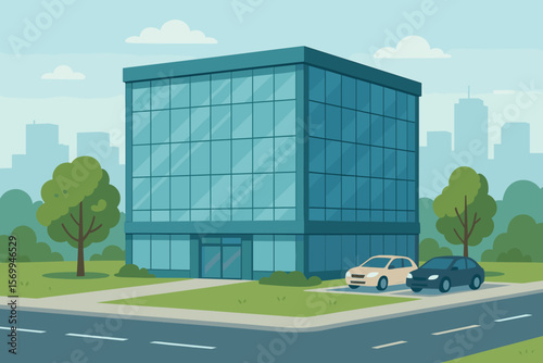 Modern glass commercial building with green lawn, trees, parking lot, road, office complex and shopping center silhouette cityscape background, urban architecture design