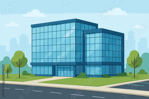 Modern glass office building with green lawn, trees, road, and parking lot in urban cityscape. Contemporary commercial architecture, business center, shopping mall exterior, skyline background