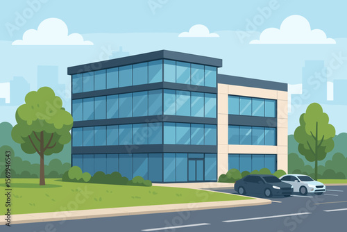 Modern glass office building with green lawn, trees, parking lot, road, urban skyline background. Contemporary commercial architecture, business center, cityscape, workplace exterior.
