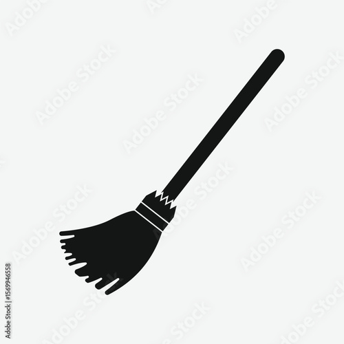Minimal black silhouette of a broom in profile view. Clean, detailed vector with textured bristles and reinforced brush head. Perfect for icons, prints, or cleaning-themed designs.