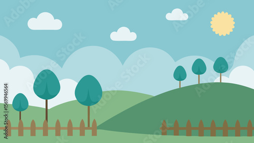 Simple Cartoon Landscape with Rolling Hills and Trees