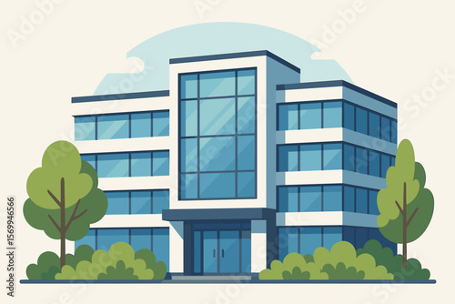 Modern office or shopping mall building exterior with glass facade, trees, green bushes, urban architecture, commercial property, contemporary cityscape, vector illustration