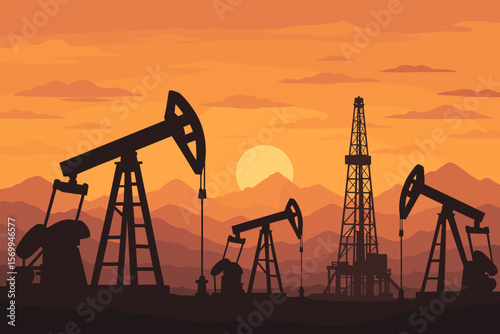 Silhouettes of Oil Pumps and Drilling Rig at Sunset, Oil Industry Landscape with Working Pumping Units, Oil Well Extraction Vector Illustration, Energy and Industrial Concept