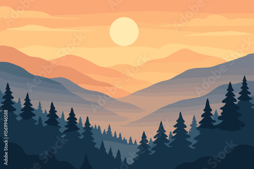 Stunning foggy mountain landscape at sunrise with forest tree silhouettes, misty scenic view, modern flat vector cartoon illustration, nature sunrise scenery print